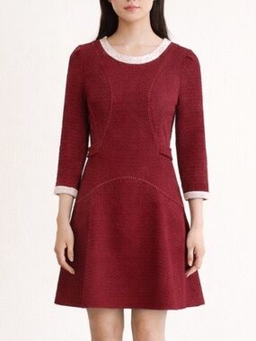 🇰🇷 ON & ON Fit & Flare Knit Dress M Burgundy Pearl Trim